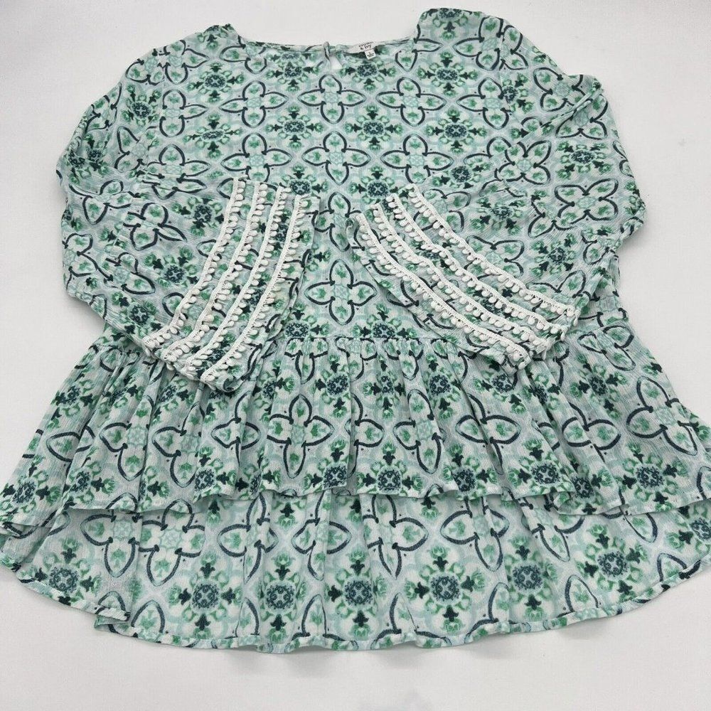 Crown & Ivy Green Print Long sleeve Pom Pom accent top size L